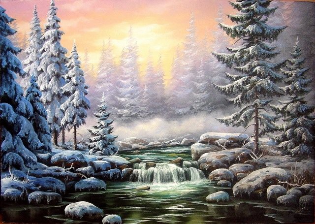 зимний пейзаж - водопад, пейзаж, снег, утро, зима, закат, каскад, лес, река - оригинал
