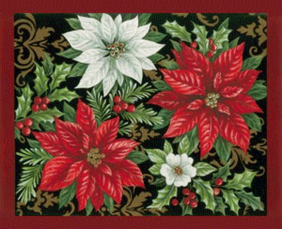 подушка"рождественские звёзды" - подушка, новый год, белые цветы, рождество, красные цветы, пуансеттия - предпросмотр