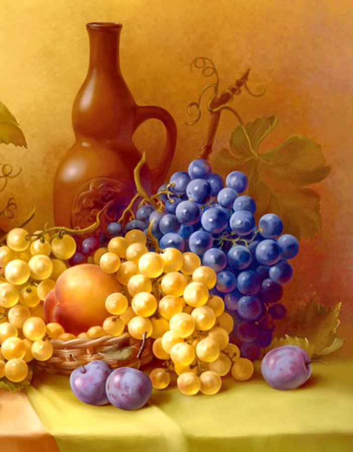 натюрморт часть 2 - бокал, живопись, персик, виноград, картина, вино, кувшин, слива, фрукты - оригинал
