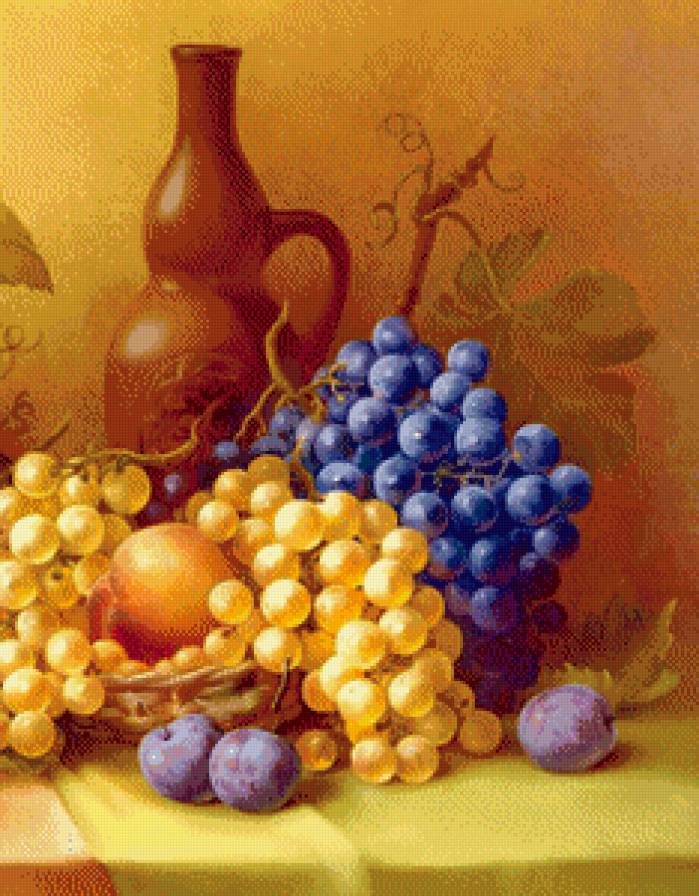 натюрморт часть 2 - слива, живопись, картина, персик, бокал, кувшин, вино, фрукты, виноград - предпросмотр