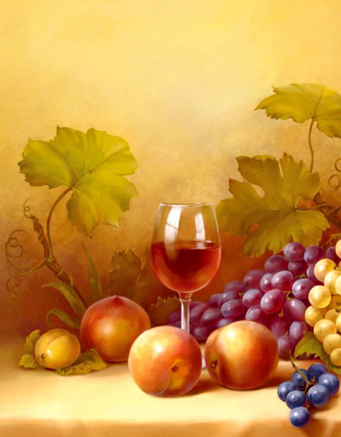 натюрморт часть 1 - персик, бокал, фрукты, слива, кувшин, вино, виноград, картина, живопись - оригинал