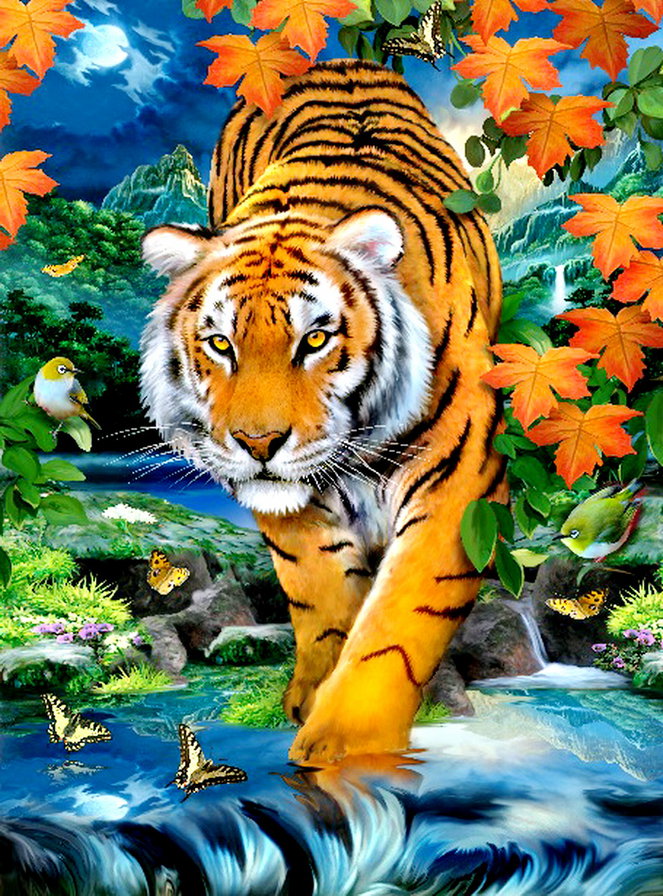 тигр - природа, хищник, бабочка, птица, листва, луна, вода, взгляд, живопись - оригинал