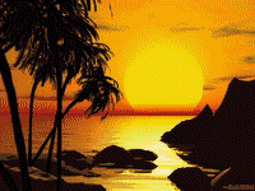 закат - море, деревья, солнце, пляж, закат - предпросмотр