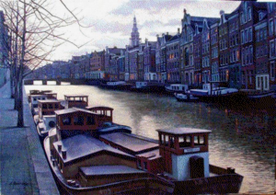 АМСТЕРДАМ - каналы амстердама, городской пейзаж, вечер - предпросмотр