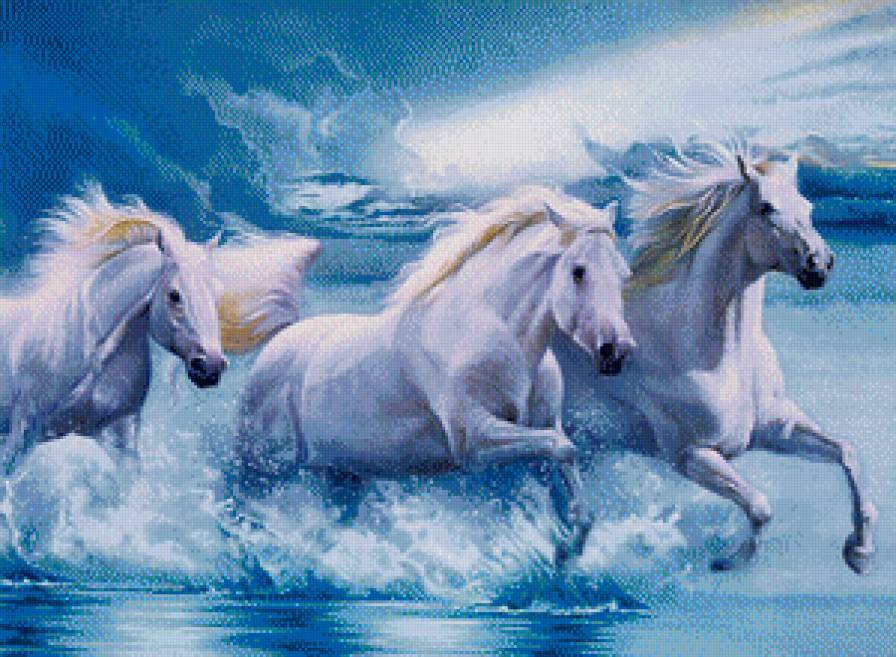 Бегущие по волнам - лошади, живопись, кони, море - предпросмотр