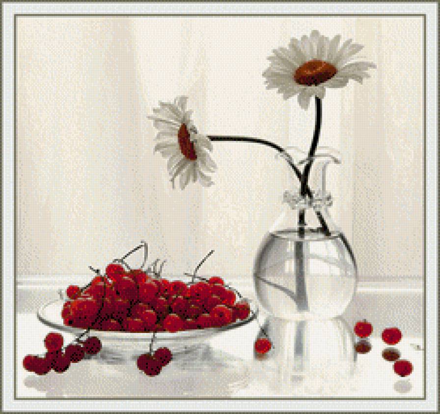 Натюрморт - ягода, кувшин, цветы, ромашки, смородина - предпросмотр