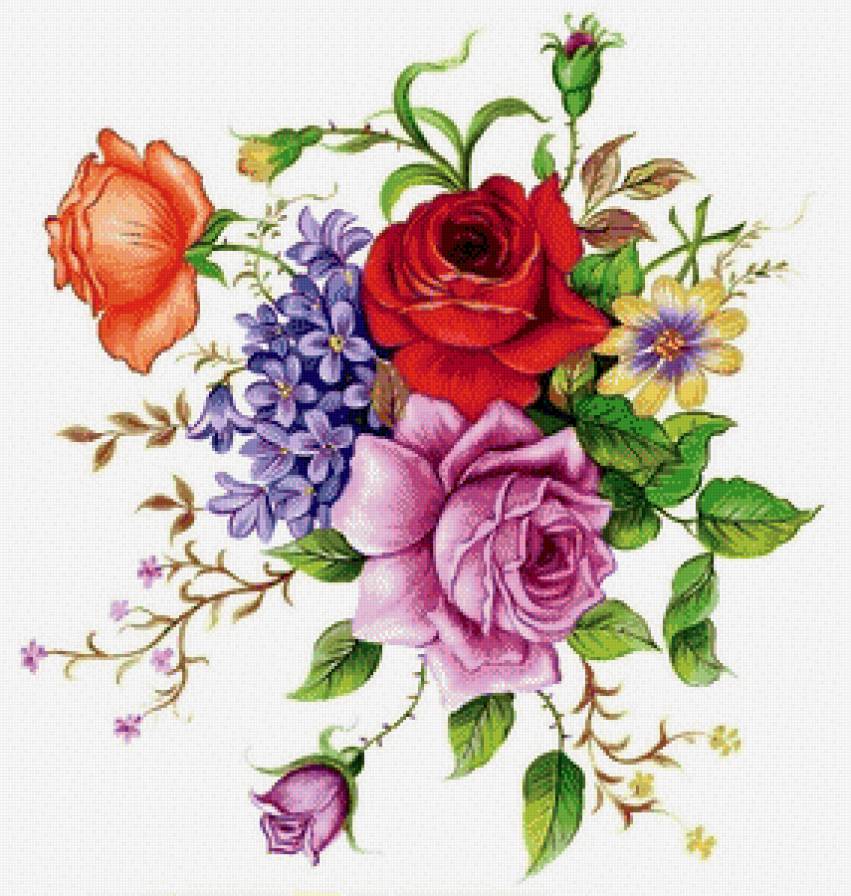 прекрасный букет - красные цветы, фиалка, роза, розы, букет, розовые цветы, лиловые цветы - предпросмотр