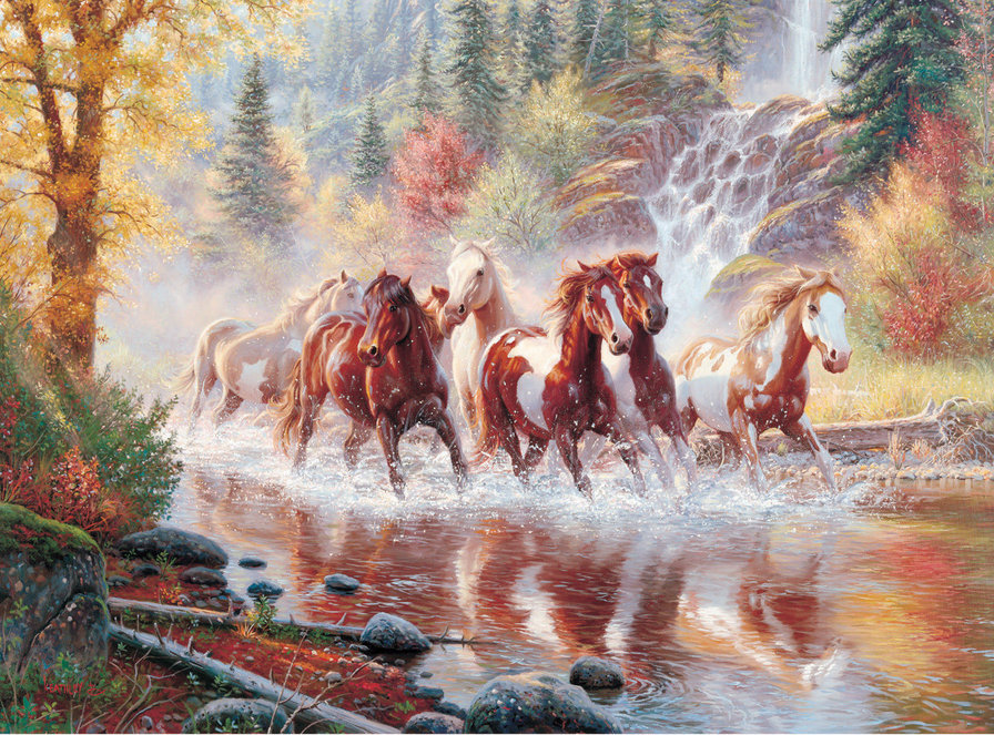Серия "Кони" - пейзаж, осень, кони, горы, животные, река, лошади - оригинал
