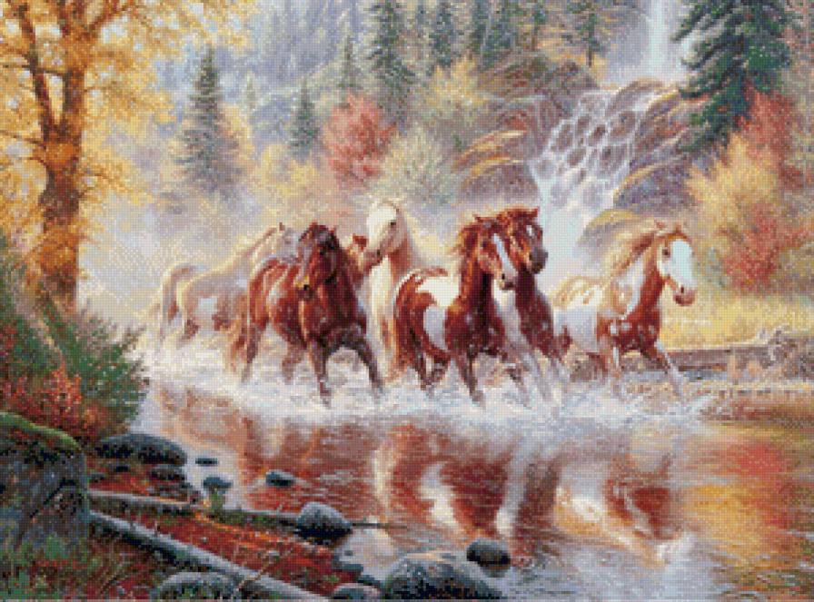 Серия "Кони" - лошади, осень, река, животные, кони, горы, пейзаж - предпросмотр