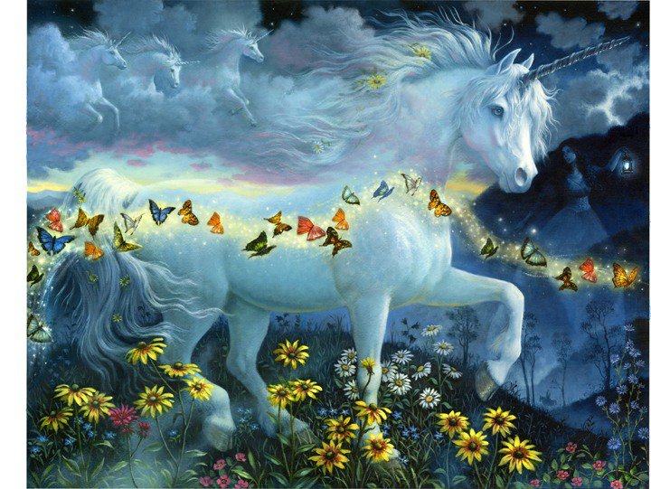 Серия "Единороги" - пейзаж, цветы, единороги, животные, сказка, кони, лошади - оригинал