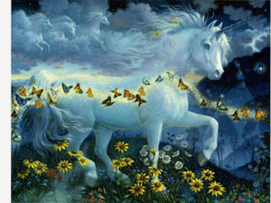 Серия "Единороги" - цветы, кони, лошади, животные, единороги, сказка, пейзаж - предпросмотр
