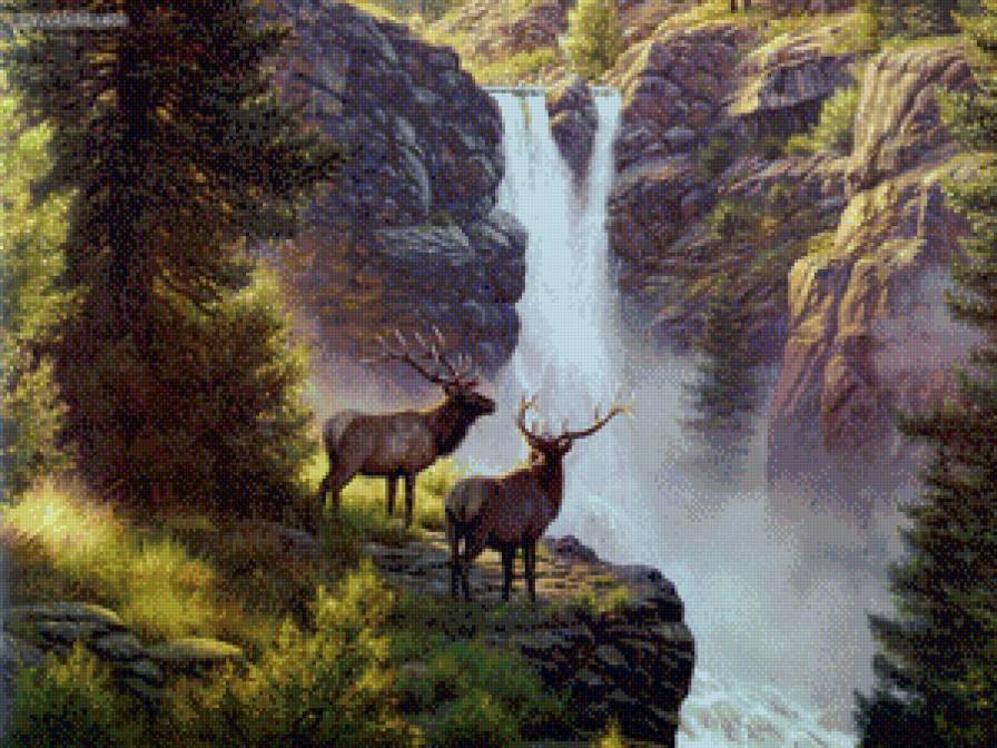 Серия "Пейзажи" - олени, животные, пейзаж, горы, водопад - предпросмотр
