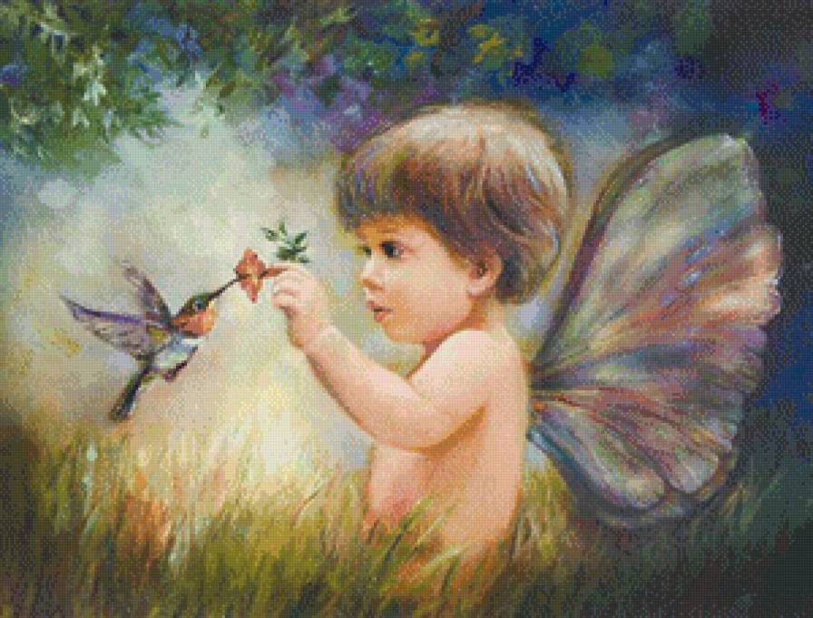 ангелок - живопись, колибри, природа, крылья, картина, цветок, ребенок, фэнтези - предпросмотр