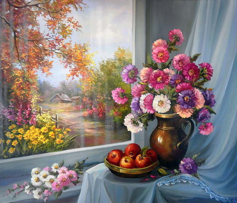осень за окном - стол, астра, картина, природа, яблоки, живопись, окно, кувшин, цветы - оригинал