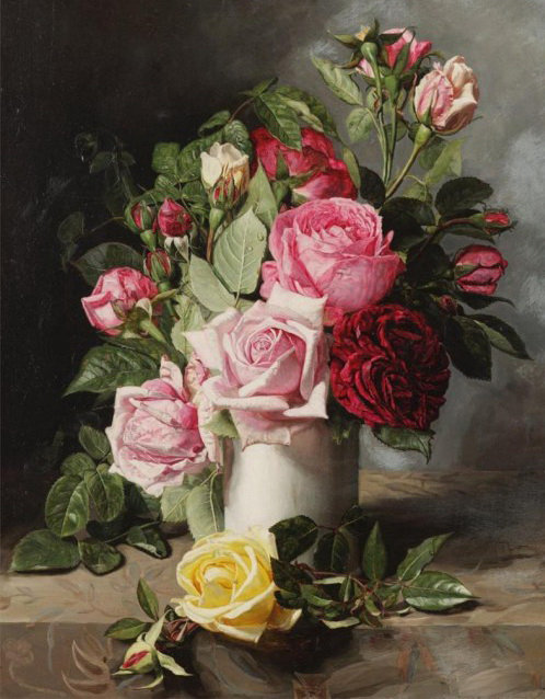 старинная картина - букет, роза, ваза, цветы, живопись, розы - оригинал