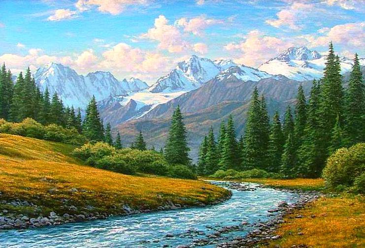 Красная Поляна - пейзаж, река, горы, елочки - оригинал