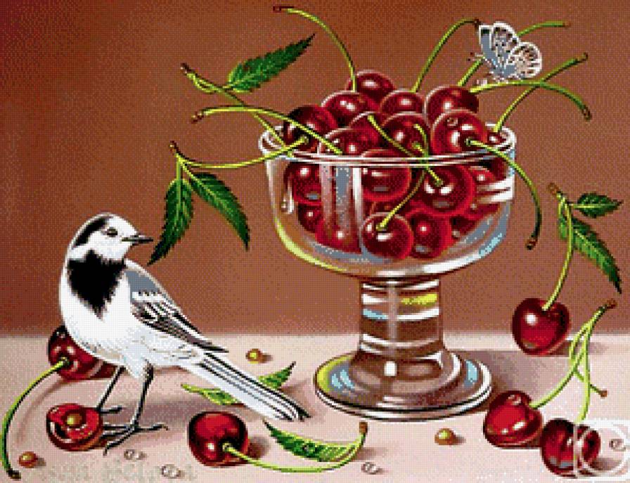 Вкусные вишни - птичка, вишни - предпросмотр