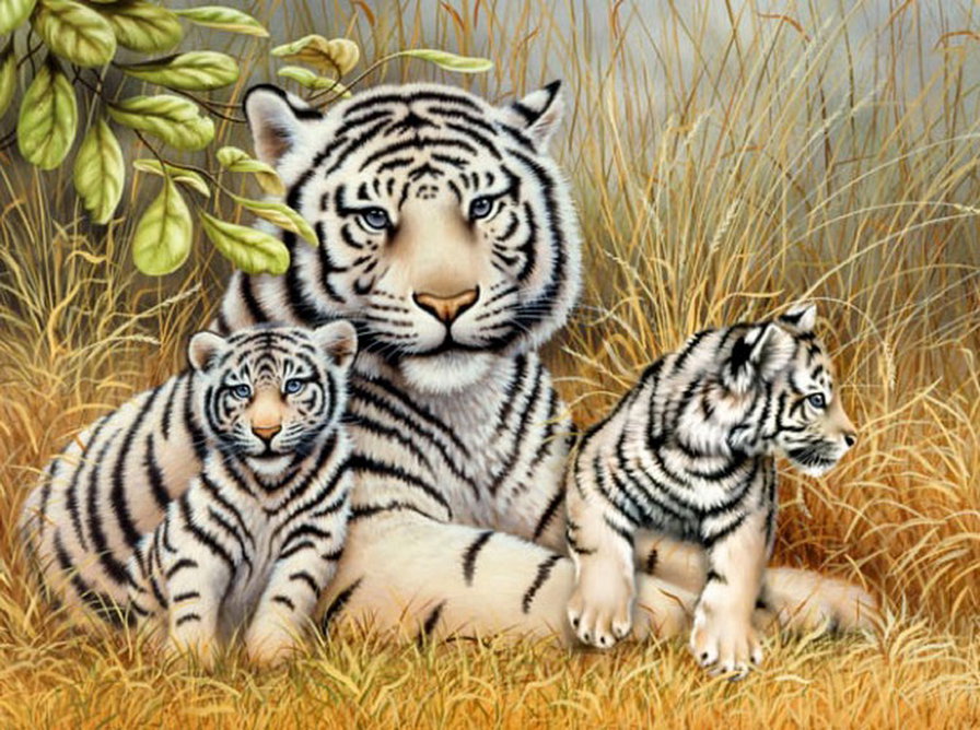 дикая семья - хищник, природа, тигр, тигренок, листья, живопись - оригинал