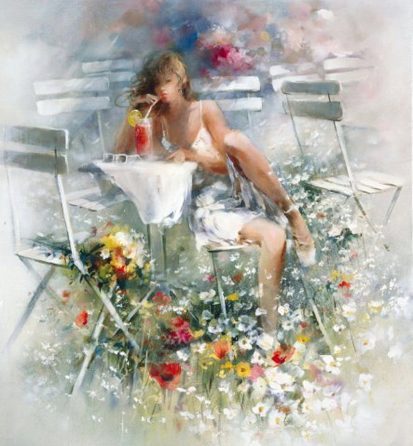 акварель - живопись, стулья, лето, женщина, девушка, цветы, картина - оригинал