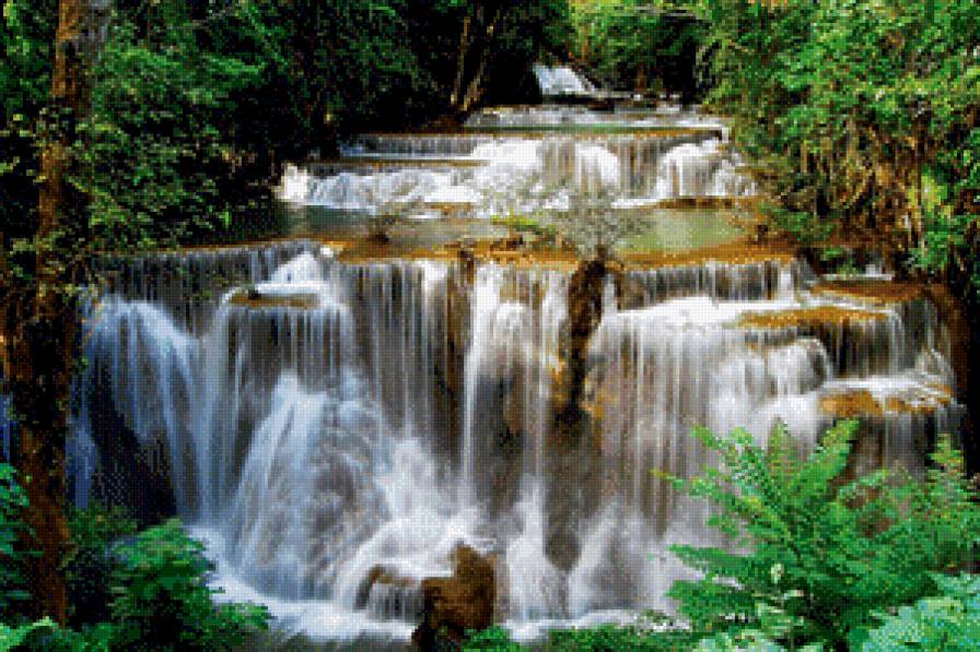 водопад - вода, зелень, водопад, струи, растения - предпросмотр