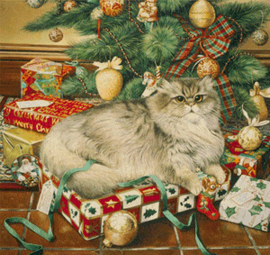новогодняя - кошка, бант, игрушки, перс, новый год, подарок, кот, елка - предпросмотр