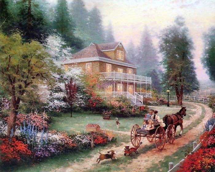 картина - люди, дом, дорога, лошадь, природа, цветы, живопись, пейзаж, коляска - оригинал