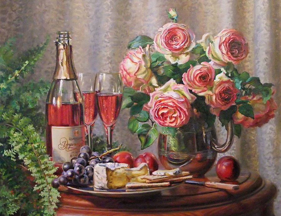 натюрморт - живопись, розы, сыр, картина, букет, кувшин, вино, яблок, виноград, бокал - оригинал
