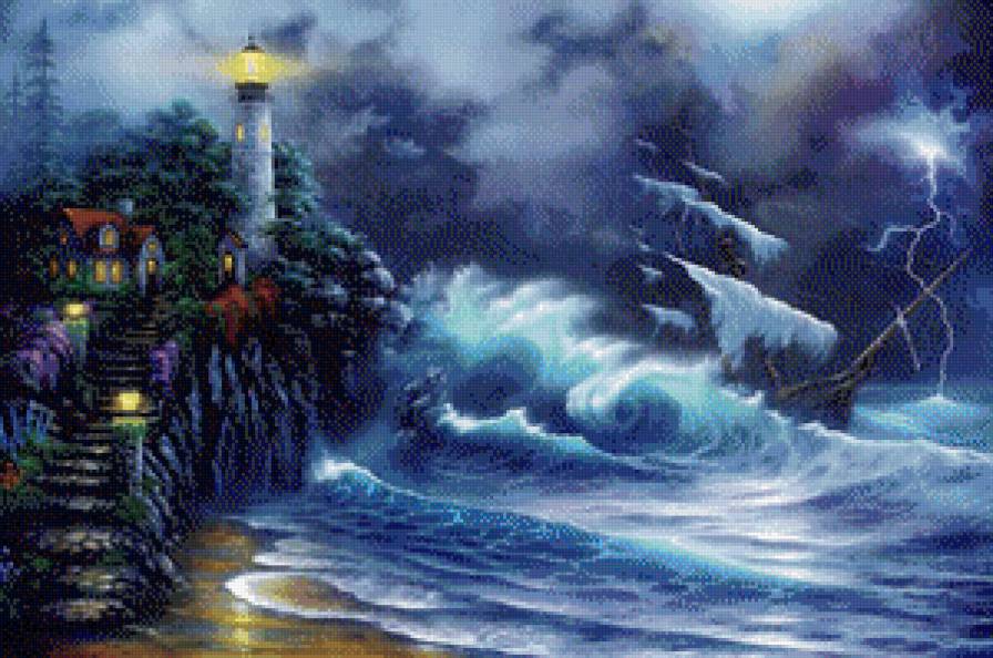 маяк в ночи - природа, берег, море, цветы, живопись, картина, корабль, шторм, дом - предпросмотр