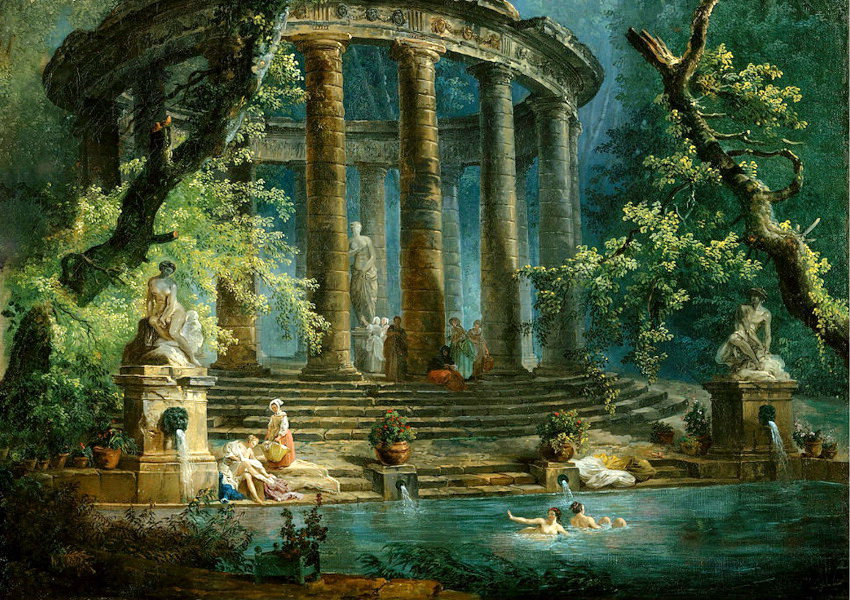 старинная картина часть 2 - живопись, природа, беседка, статуя, люди, вода, дерево, купальня - оригинал