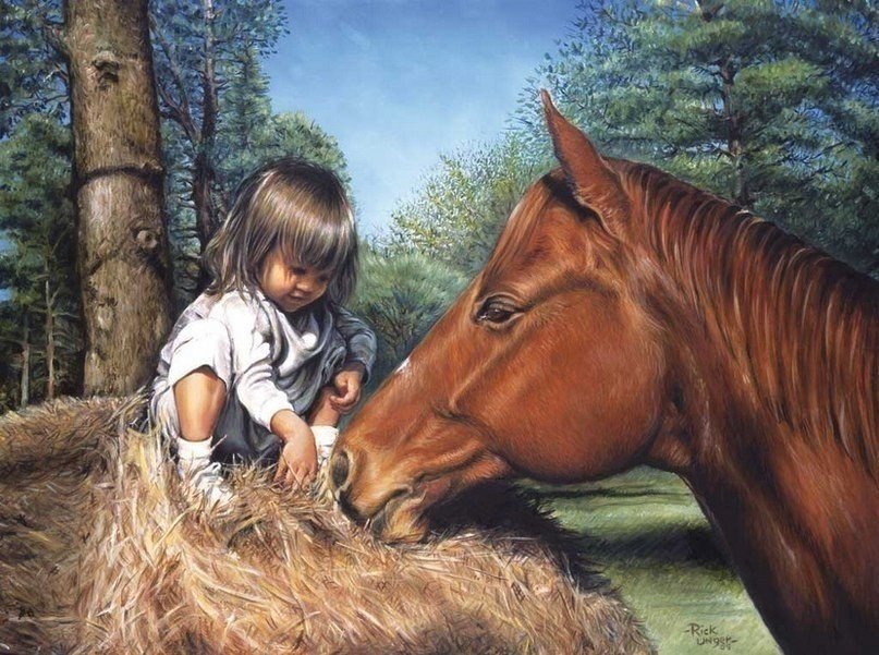 Друзья - животные, лошади, друзья, ребенок, дети - оригинал