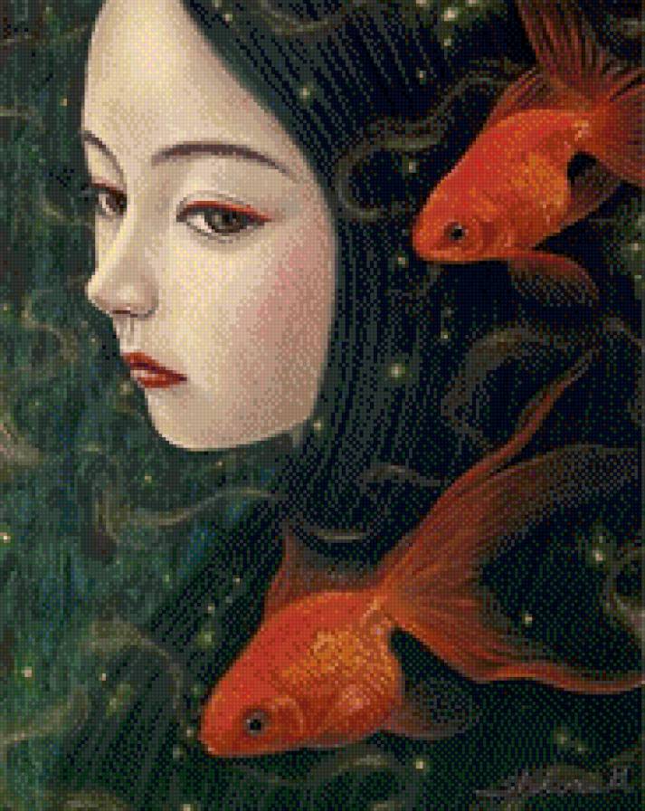 Девушка и рыбки - девушка, вода, рыбки - предпросмотр