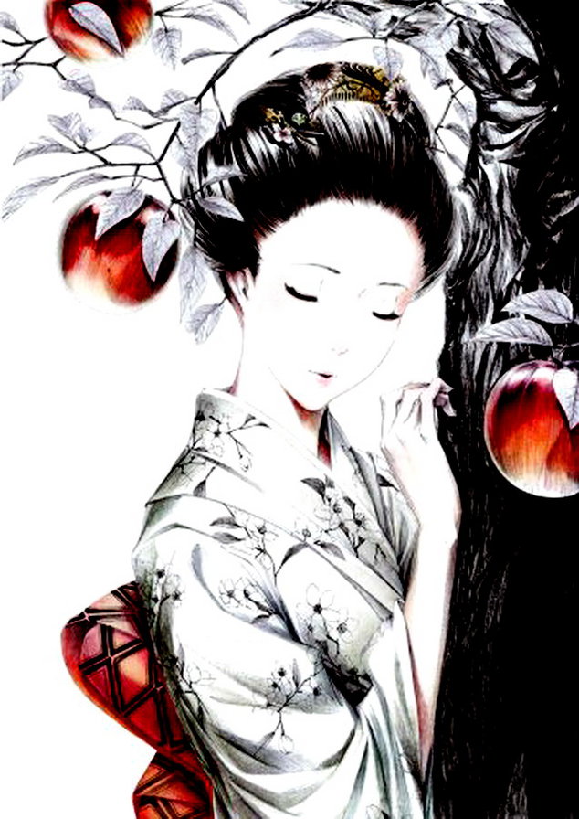 женский образ - живопись, девушка, дерево, яблоко, гейша, восток - оригинал