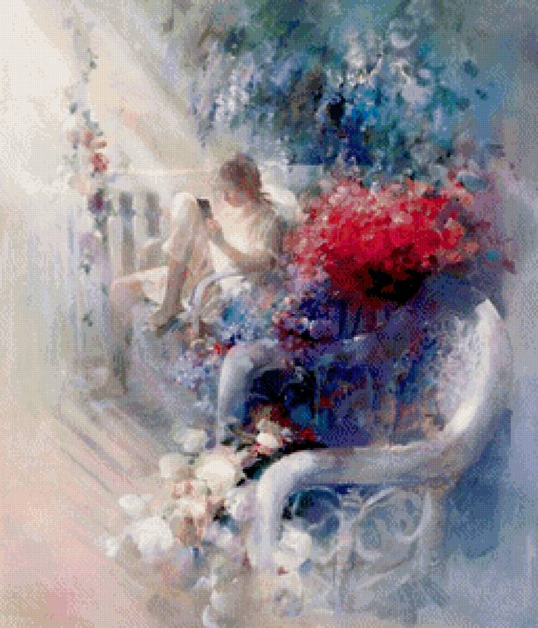 на веранде - кресло, живопись, картина, девушка, акварель, женщина, цветы - предпросмотр