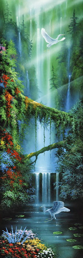 панно - водопад, лианы, живопись, вода, природа, цветы, птицы - оригинал