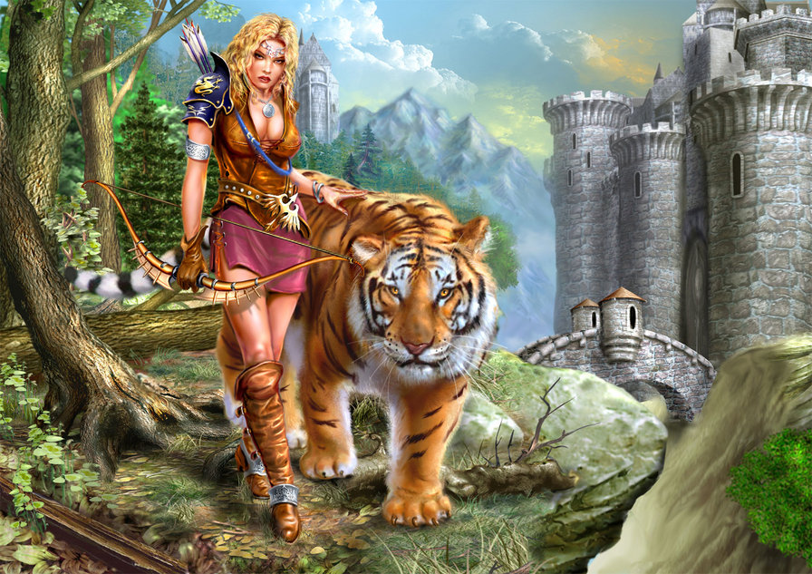 Девушка с тигром - тигр, фентези - оригинал