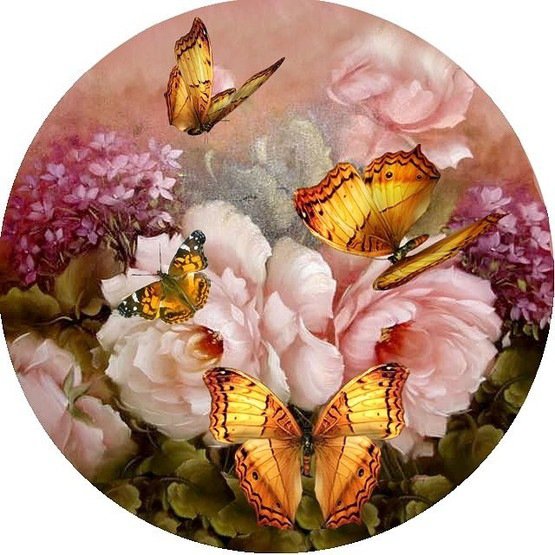 цветочный круг - пионы, бабочки, винтаж, цветы, можно под часы - оригинал