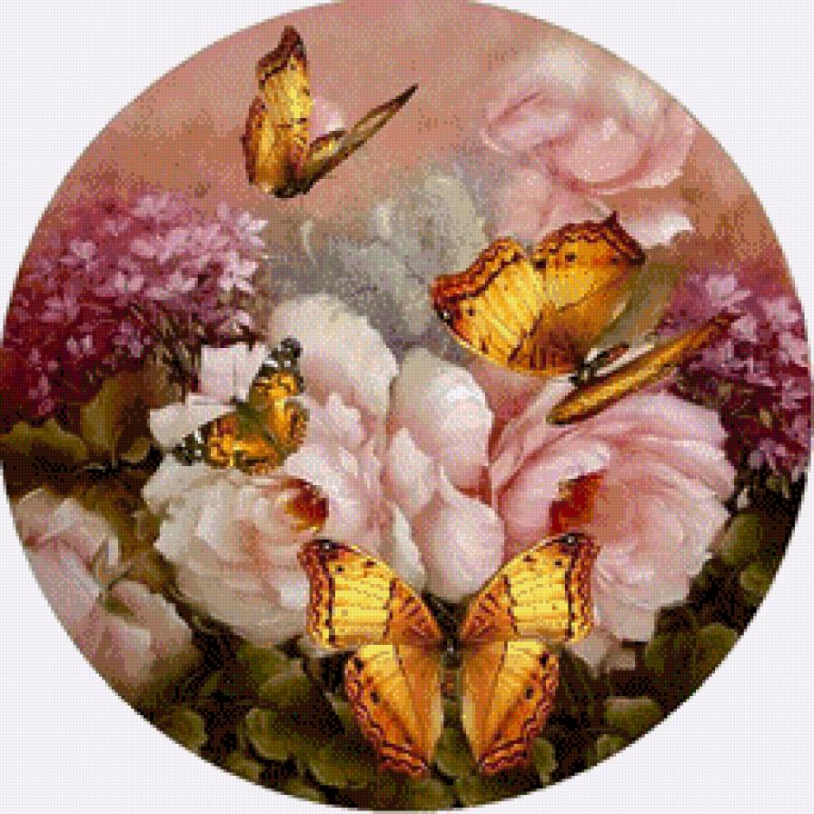 цветочный круг - винтаж, цветы, пионы, можно под часы, бабочки - предпросмотр