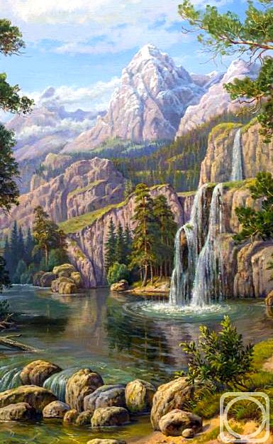 Горный пейзаж - водопад, горы, пейзаж, озеро, елочки - оригинал