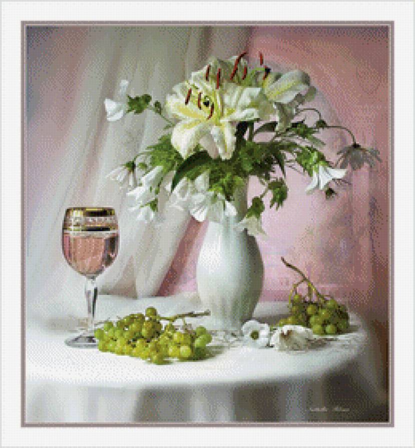 натюрморт "Лилии и Виноград" - букет, цветы, лилии, натюрморт, фрукты - предпросмотр