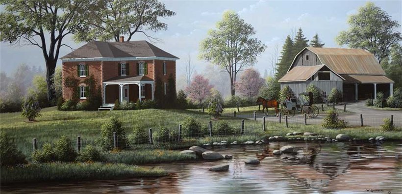 Серия "Пейзажи" - домик, лошади, животные, река, пейзаж - оригинал