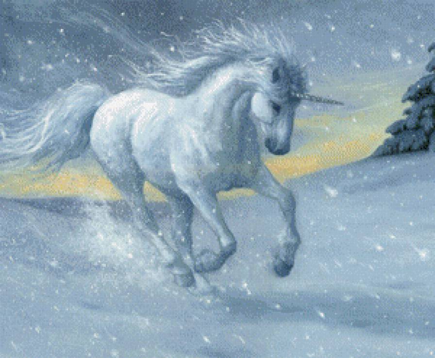 Серия "Единороги" - животные, зима, сказка, кони, пейзаж, лошади, единороги - предпросмотр