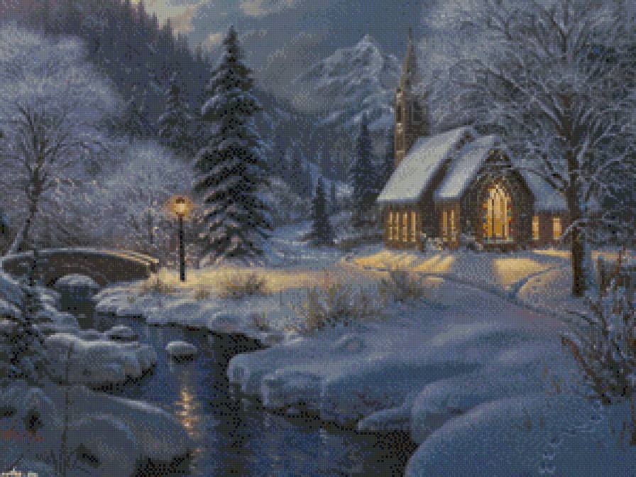зимняя ночь - домик, пейзаж, мостик, речка, зима, природа - предпросмотр