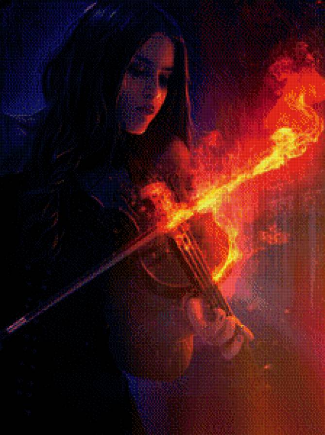 скрипка - девушка, огонь, музыка, ночь - предпросмотр