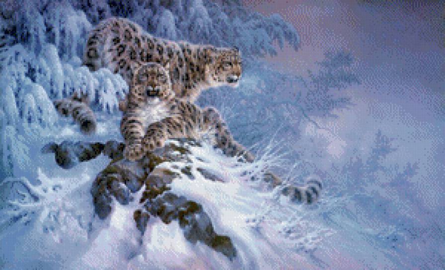 леопарды в зимнем лесу - зима, леопард, лес, снег - предпросмотр