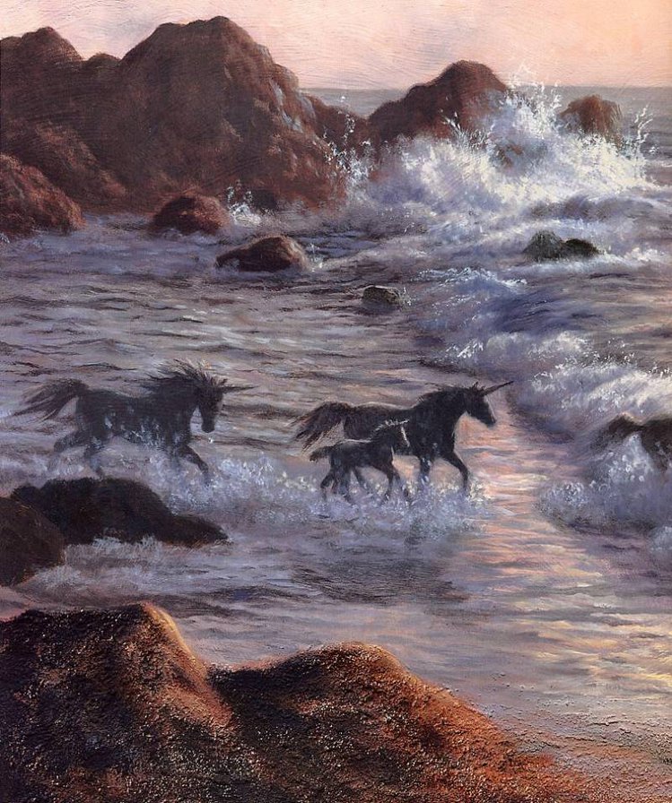 Серия "Единороги" - пейзаж, лошади, сказка, море, животные, единороги, кони - оригинал