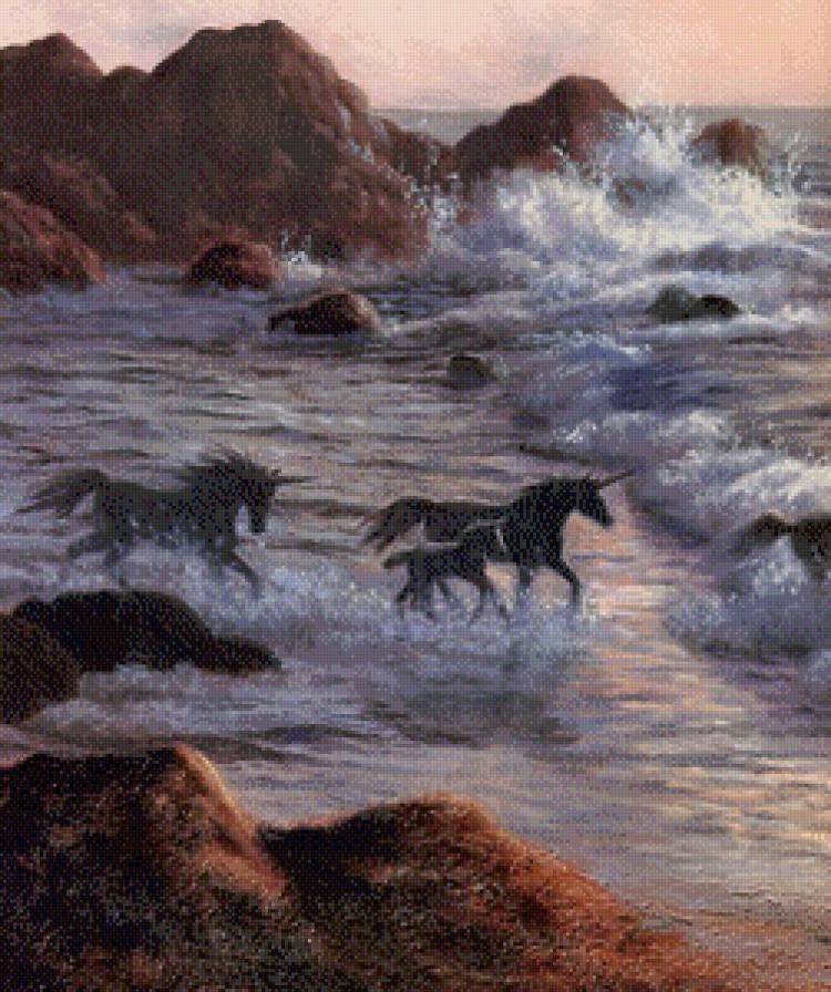 Серия "Единороги" - пейзаж, море, животные, лошади, сказка, кони, единороги - предпросмотр