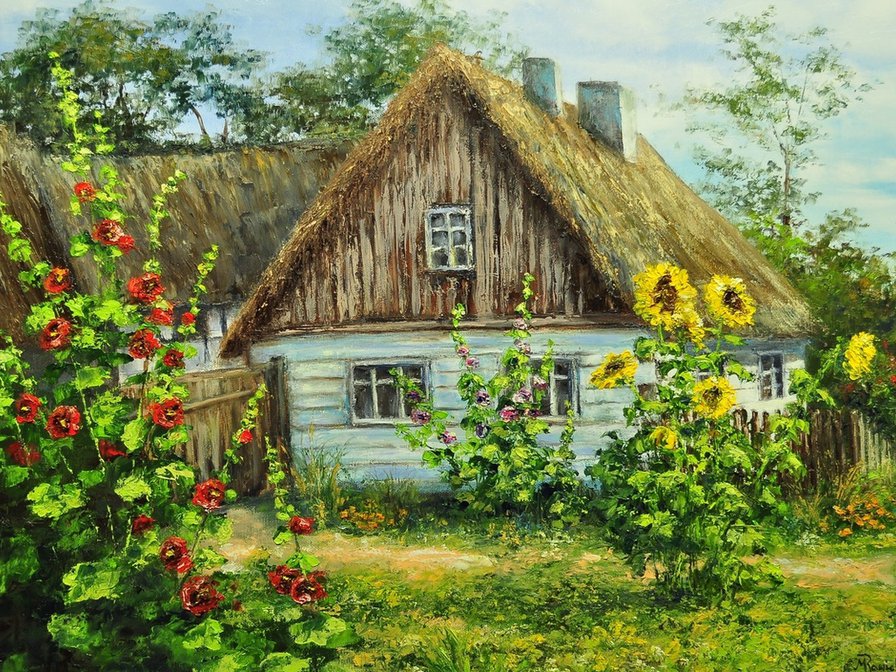 домик в деревне - пейзаж, картина, лето - оригинал