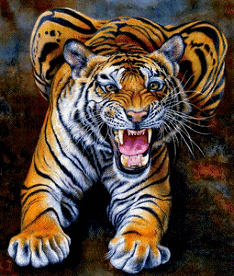 тигр - оскал, живопись, рык, взгляд, хищник - предпросмотр