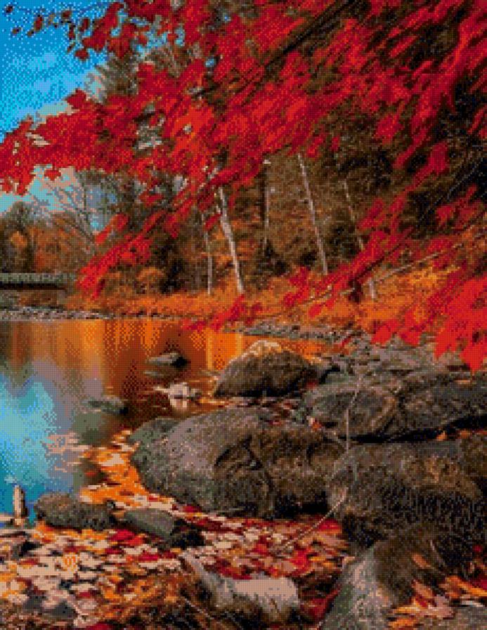 Осень - листья, мост, осень, красный, лес, пруд - предпросмотр