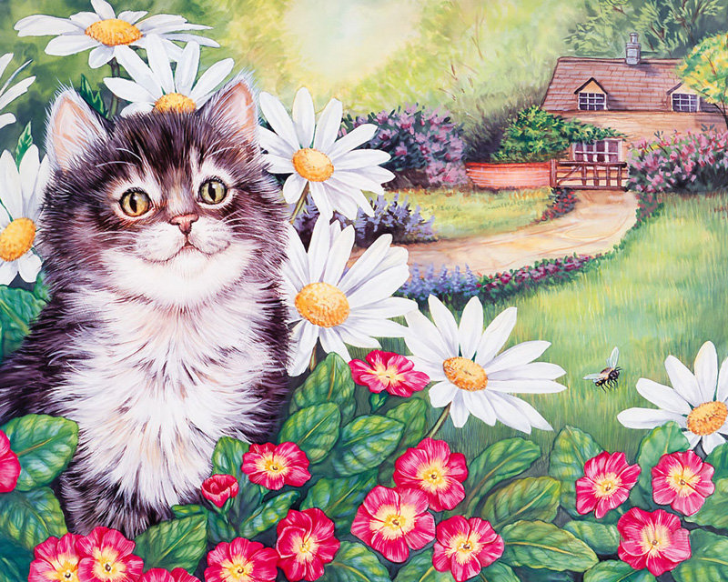 Кот в цветах - домик, пейзаж, животные, коты - оригинал